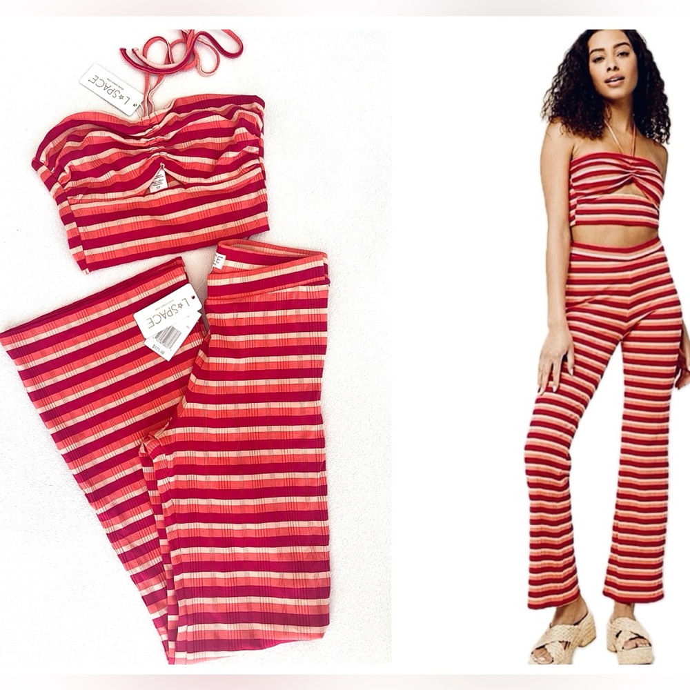 LSpace Paloma Set Ribbed Stripe Crop Top Med & Wide Leg Pant Small Pink Orange